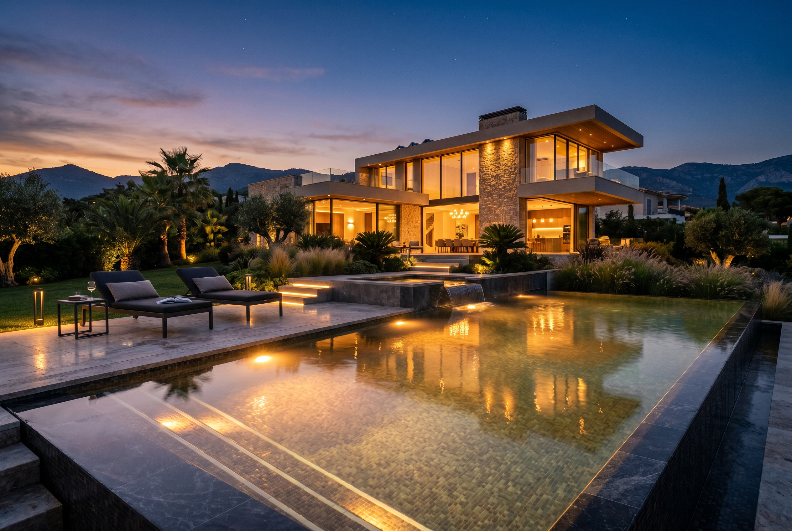 Luxury backyard pool at dusk