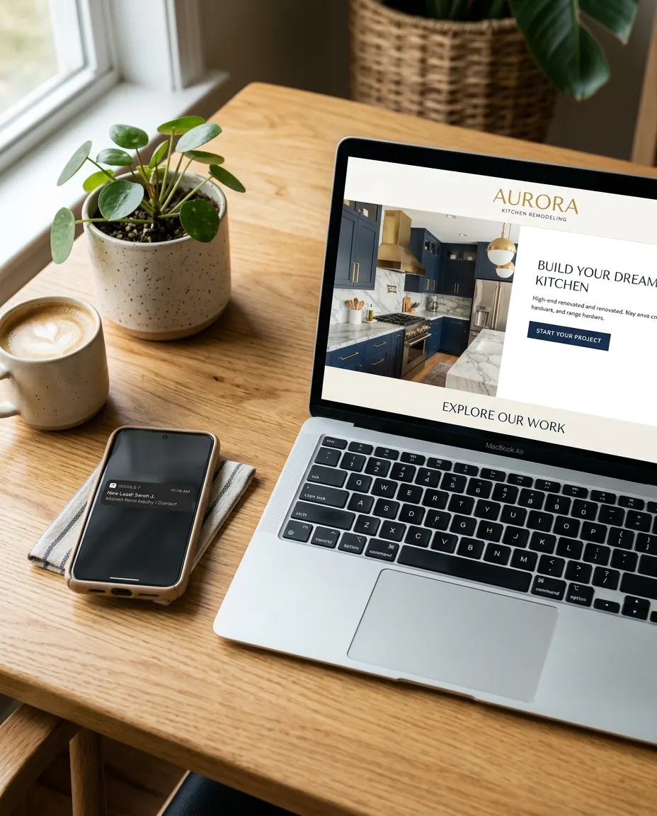 Branded landing page and lead dashboard on laptop and phone